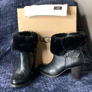 UGG Black Ankle Boots with Fur Trim